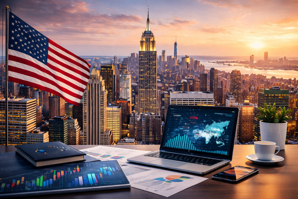 Home United States market focus corporate business environment American financial district