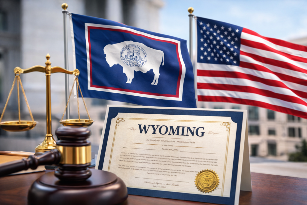 Home United States flag and Wyoming state flag representing Wyoming registered LLC corporate structure