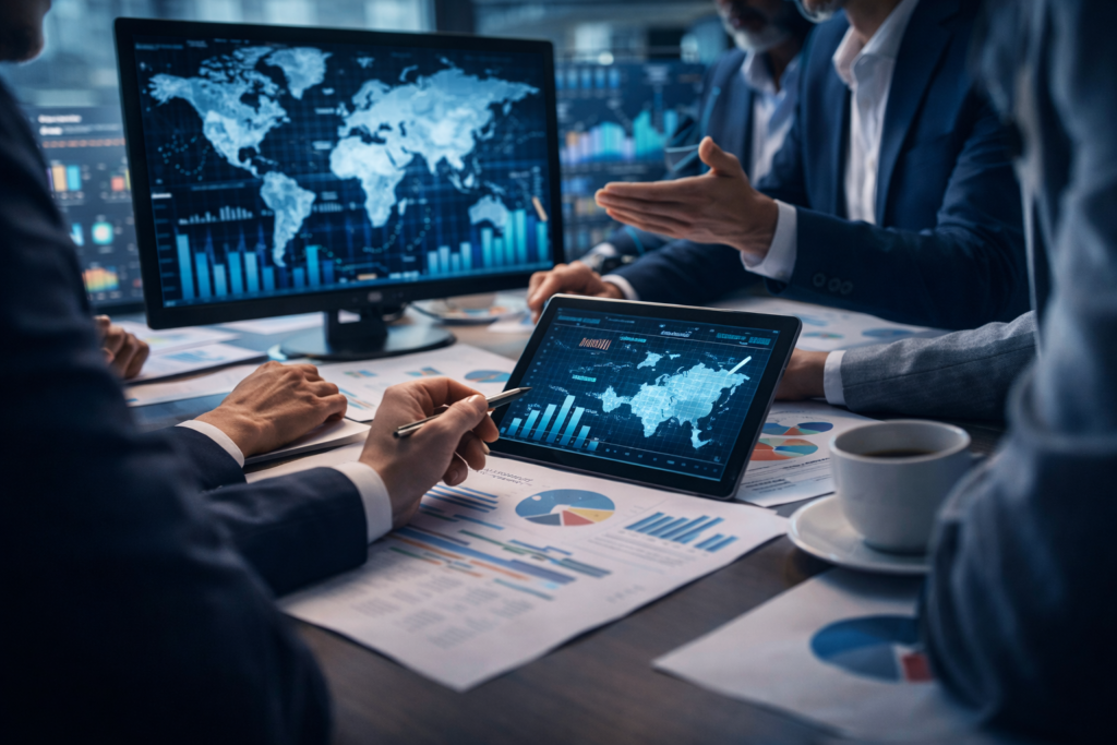 Home Structured business strategy meeting with executives analyzing global market data and analytics