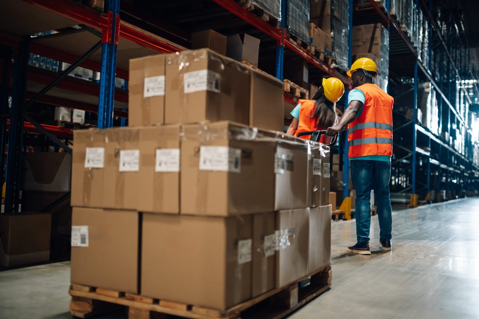 warehouse workers transporting goods on pallet jack in logistics center