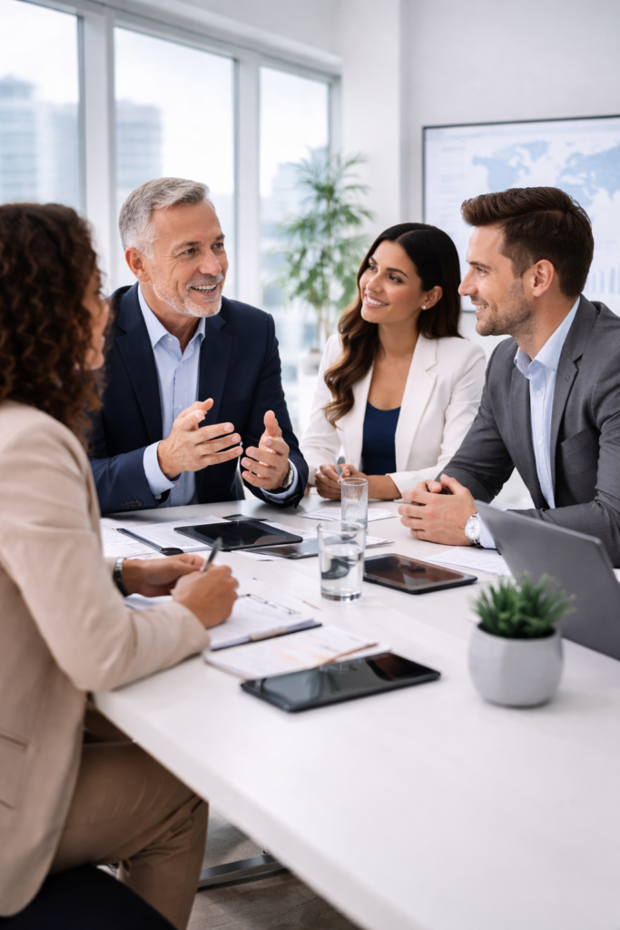 Home Senior executives conducting a strategic business meeting discussing corporate growth and international operations