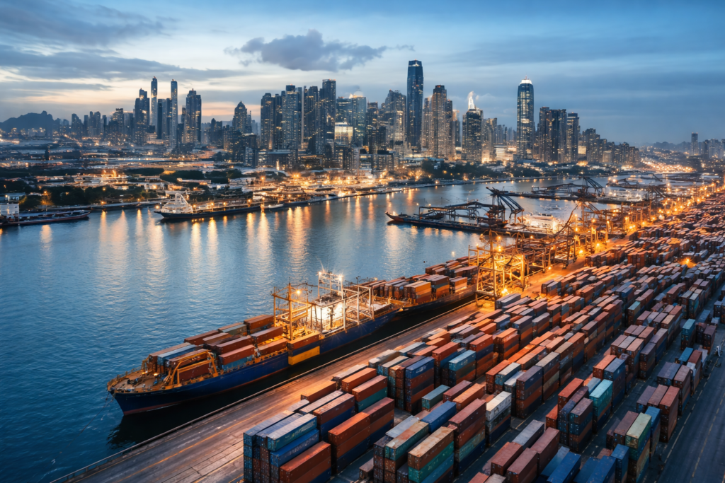 Home Global e-commerce market trends illustrated by international shipping logistics and container port infrastructure supporting digital trade.