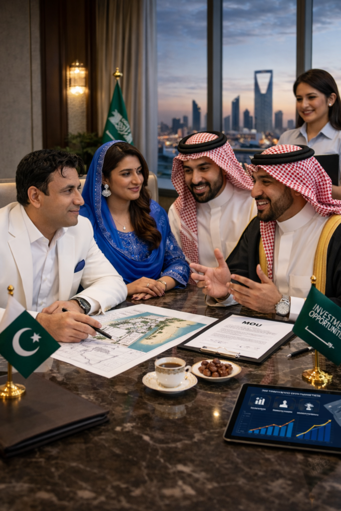Home "International business meeting featuring a Pakistani businessman in a white suit, a Pakistani woman in blue traditional dress, two Saudi gentlemen in traditional attire, and a Filipino secretary discussing strategic plans in a luxury office setting."