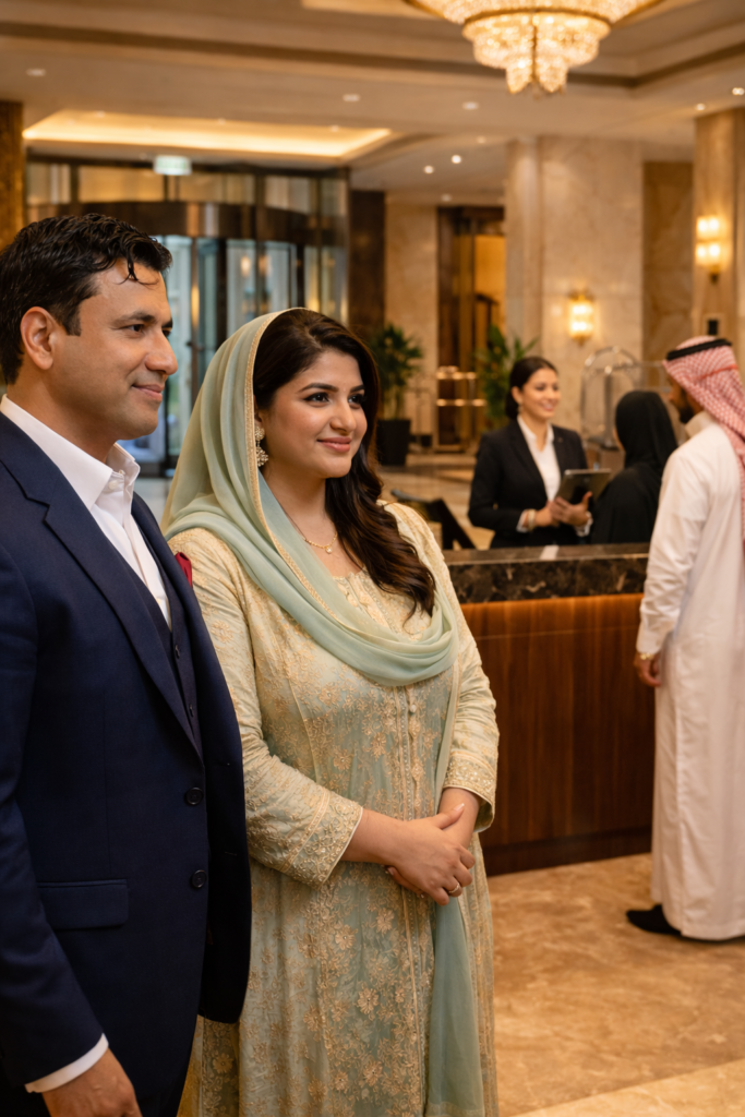 Home "Pakistani businessman and woman in traditional dress standing in a luxury hotel lobby with visible faces, facing toward the entrance, while Saudi guests interact with a receptionist at a premium reception desk."