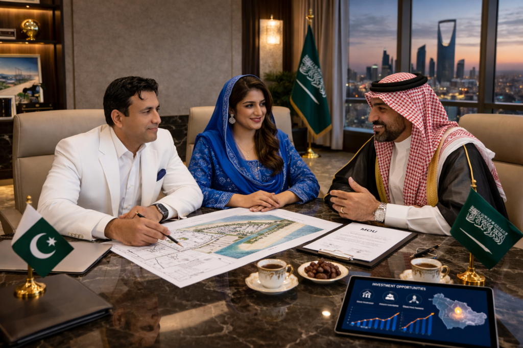 Home "Strategic investment meeting between a Pakistani businessman in a white suit, a Pakistani woman in blue traditional dress, and a Saudi gentleman in traditional attire discussing development plans in a luxury corporate office."