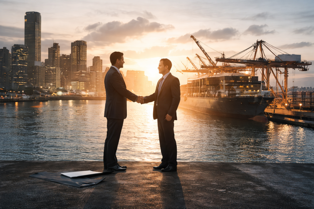 Home Business partnership handshake at an international shipping port representing strategic global trade collaboration.