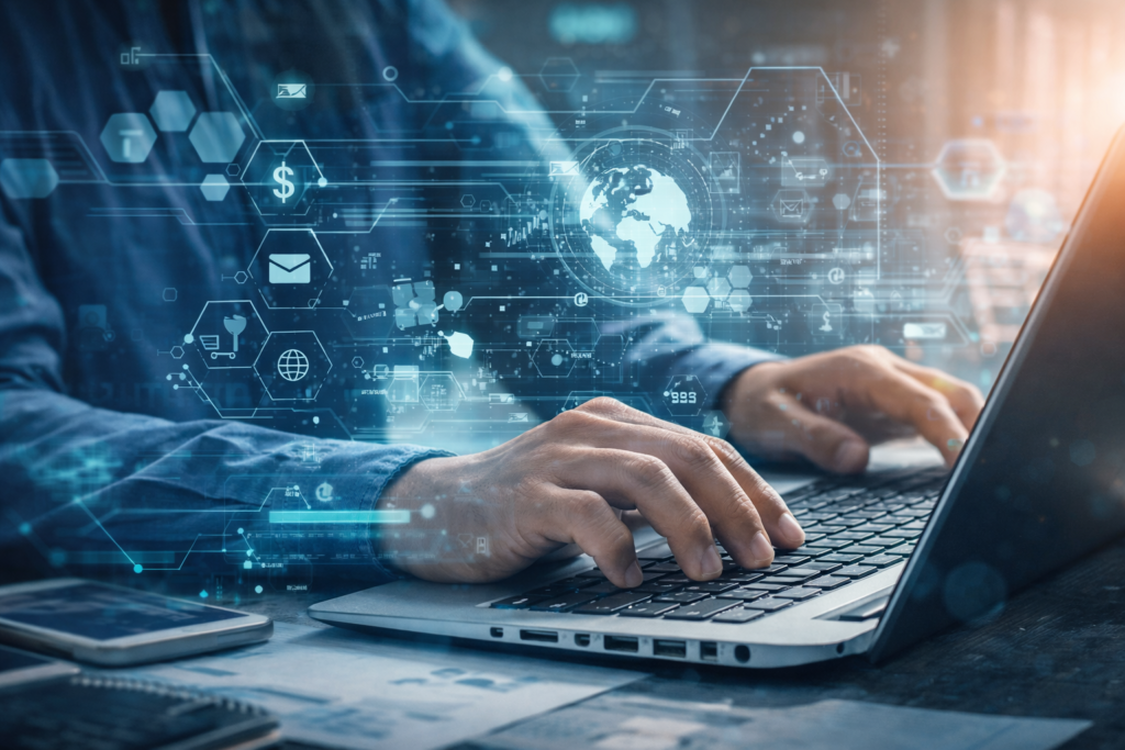 Home Digital commerce technology interface showing global online business systems, data analytics, and modern e-commerce infrastructure.