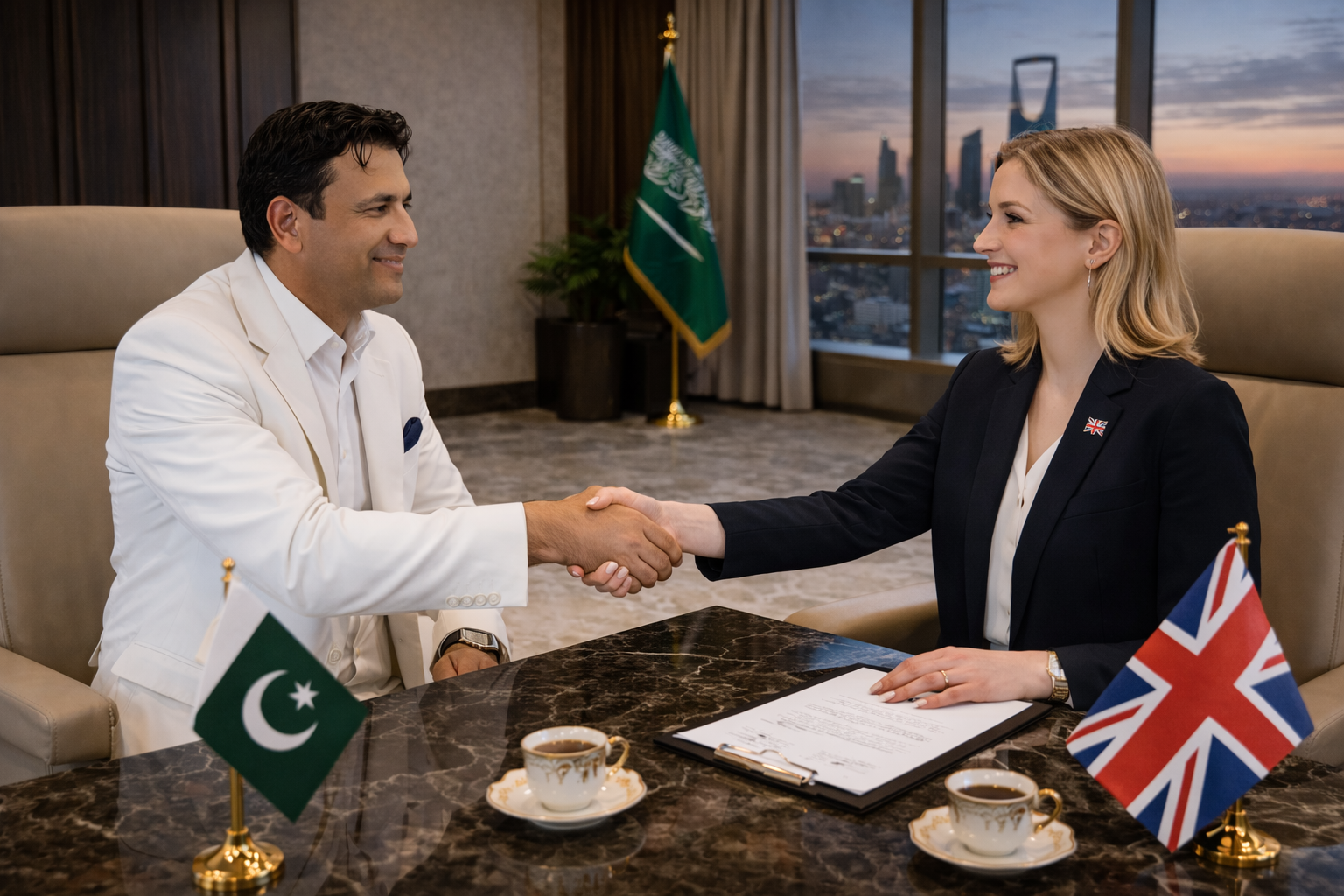 Home "Business meeting between a Pakistani executive in a white suit and a British businesswoman shaking hands across a conference table in a luxury office, symbolizing international partnership and collaboration."